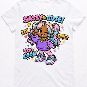 Girls White Tee with Sassy & Cute Character Graphic